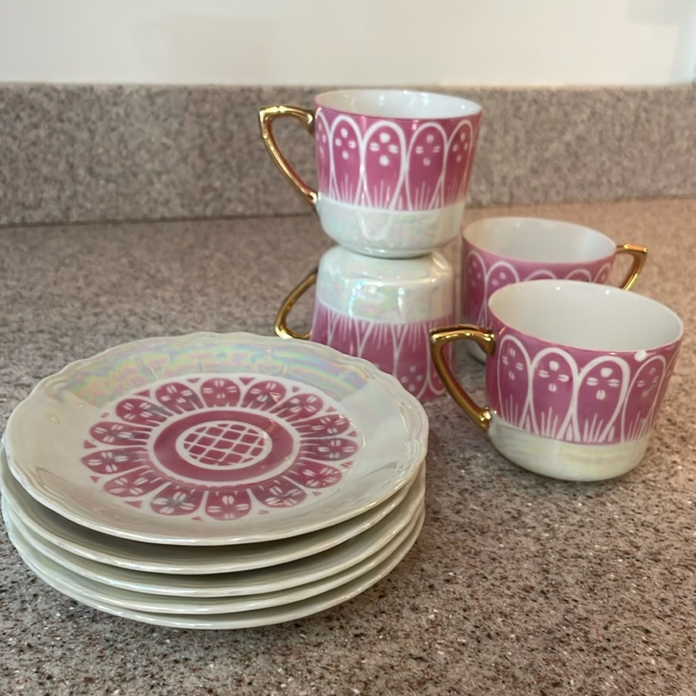 Vintage Japanese Elegant Pink and Gold Espresso Set